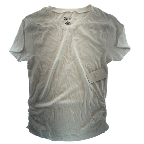 ON FIRE Women's White Distressed Ruched Side T-Shirt Tee Top - Size Large NWT - Picture 1 of 4